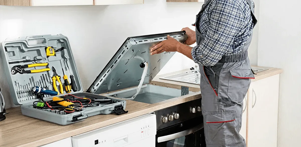 Handyman repairing a cooktop and checking wiring connections in Louisville, KY