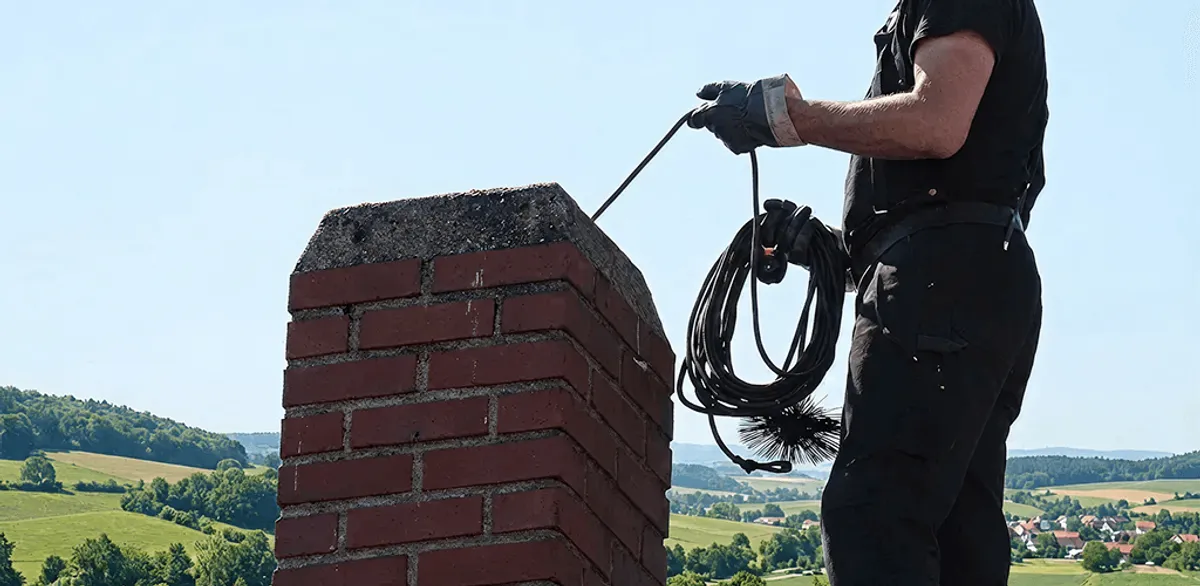 Chimney sweep inspecting and cleaning a rooftop chimney in Louisville, KY